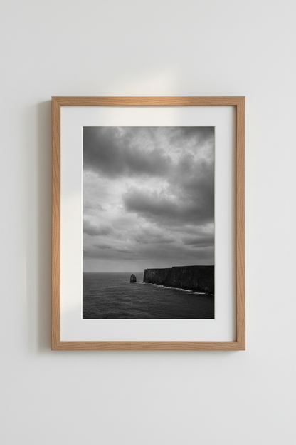 Moody Ocean Wall Art Print | Black and White Coastal Cliffs, Minimalist Decor