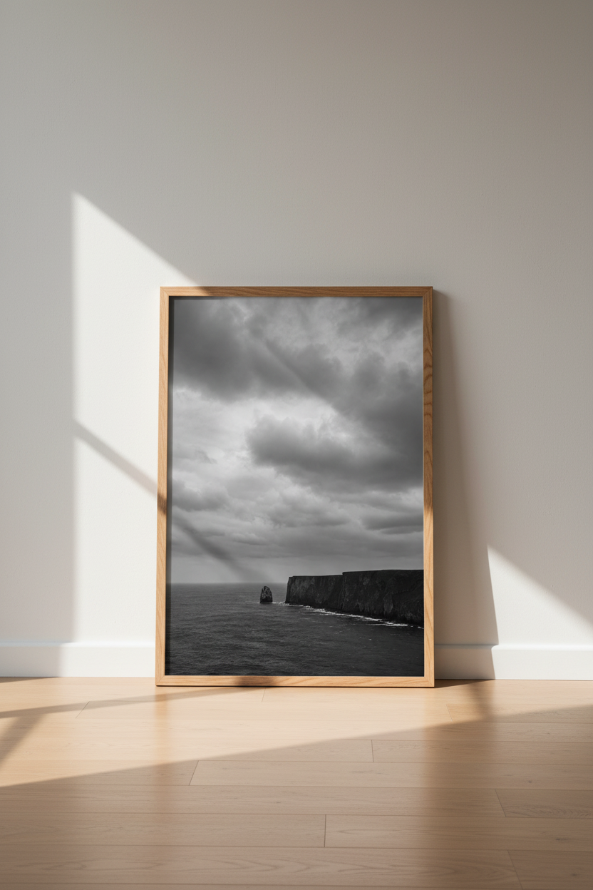 Moody Ocean Wall Art Print | Black and White Coastal Cliffs, Minimalist Decor