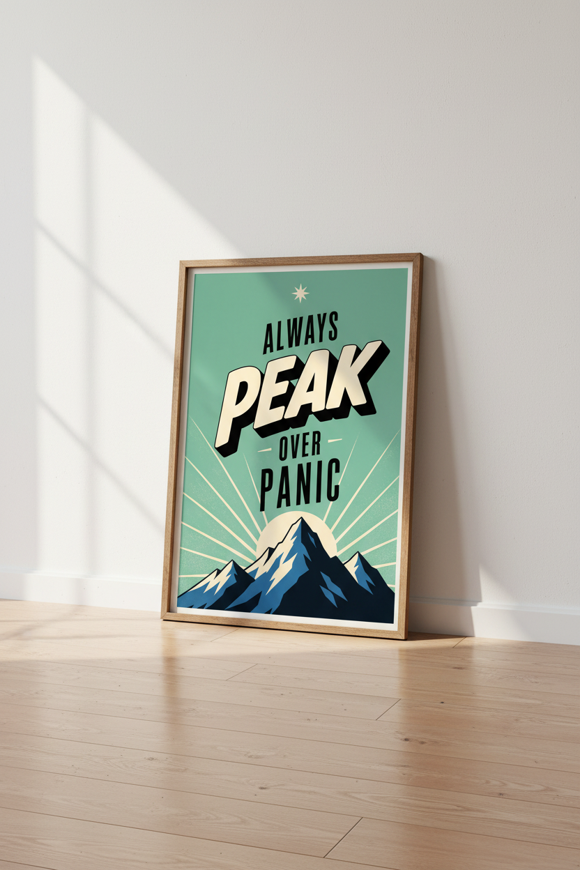 Mountain Peak Over Panic Wall Art | Retro Motivational Print, Office Decor Poster