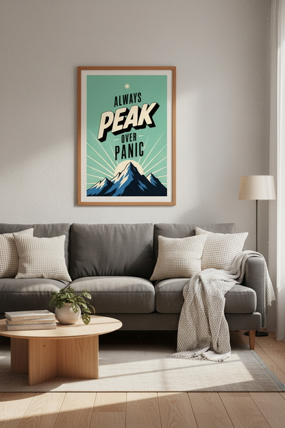 Mountain Peak Over Panic Wall Art | Retro Motivational Print, Office Decor Poster
