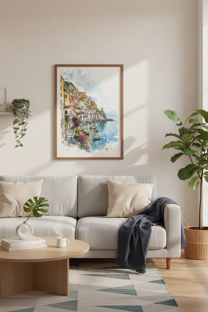 Amalfi Coast Italy Watercolor Wall Art | Coastal Room Decor | Mediterranean Poster