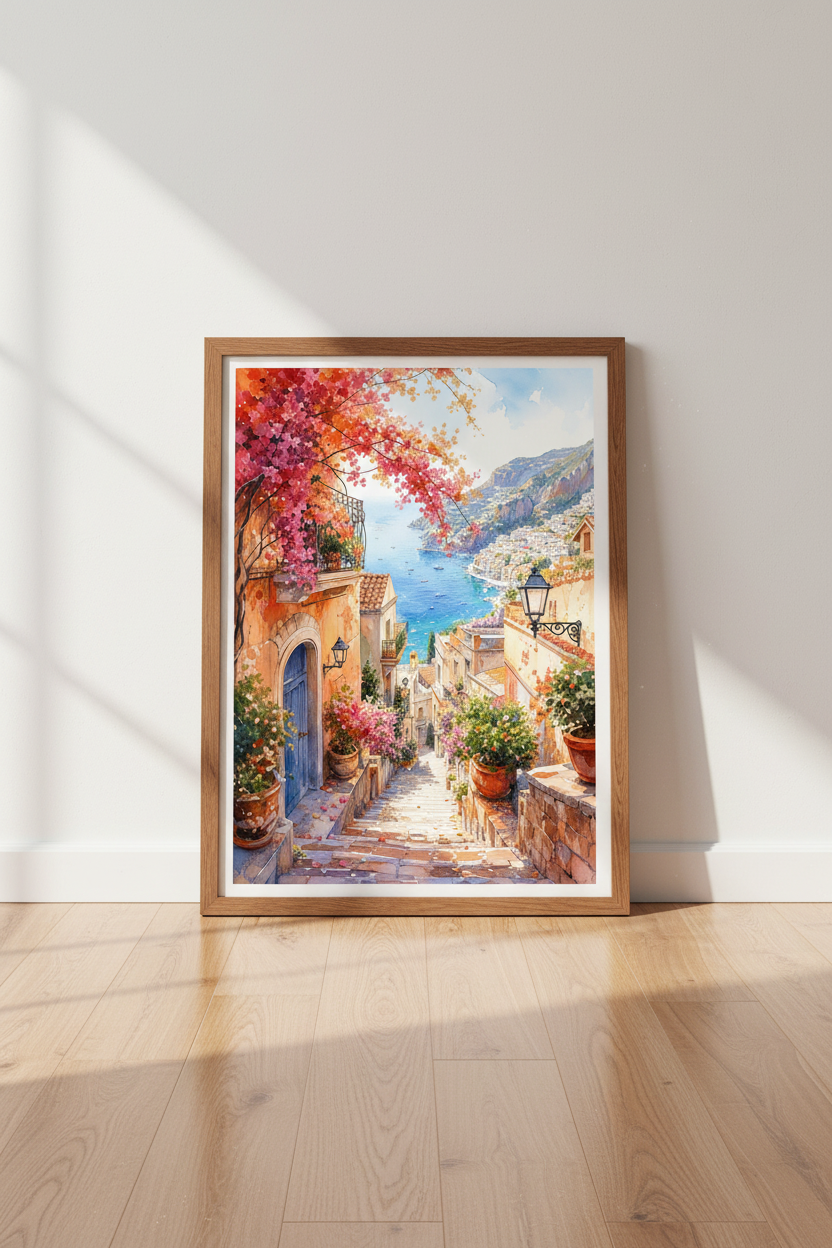 Positano Amalfi Coast Wall Art | Italy Watercolor Poster, Mediterranean Home Decor