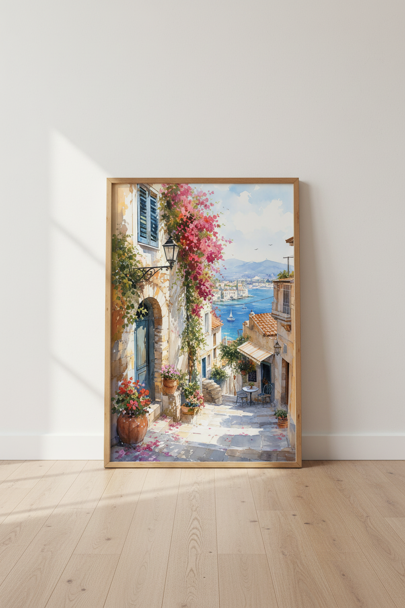 Mediterranean Coastal Watercolor Print | Blue Sea Alley Art, Sunny Travel Poster Decor