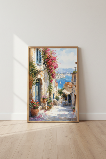 Mediterranean Coastal Watercolor Print | Blue Sea Alley Art, Sunny Travel Poster Decor
