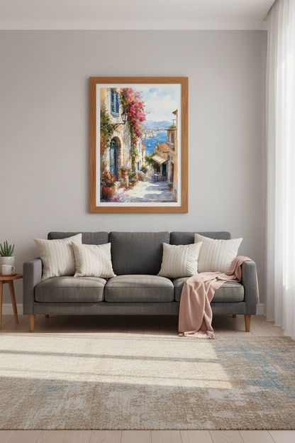 Mediterranean Coastal Watercolor Print | Blue Sea Alley Art, Sunny Travel Poster Decor