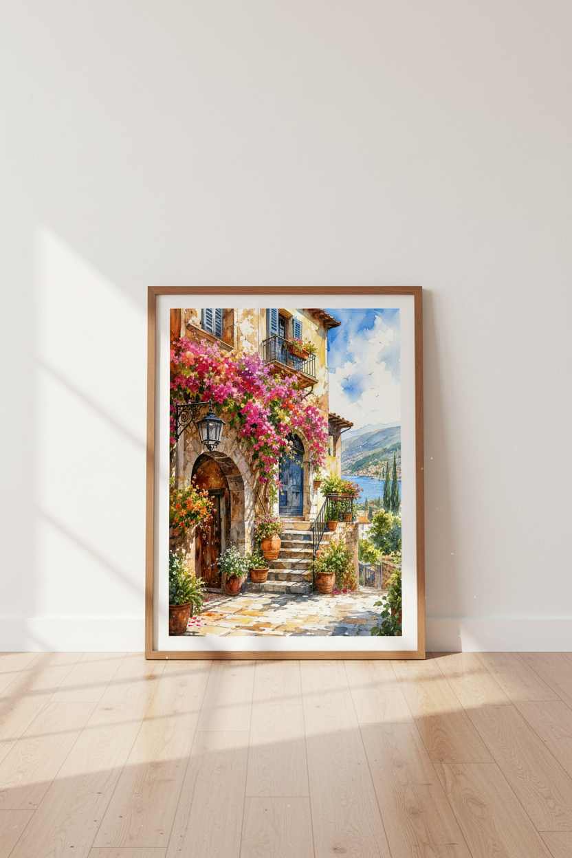Italian Villa Watercolor Print | Mediterranean Coastal Scene | Romantic Travel Poster