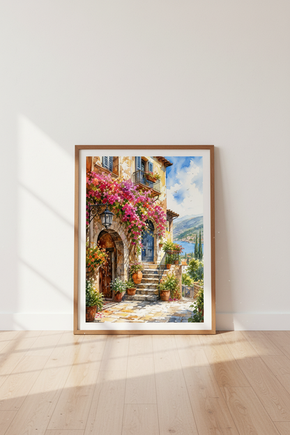 Italian Villa Watercolor Print | Mediterranean Coastal Scene | Romantic Travel Poster