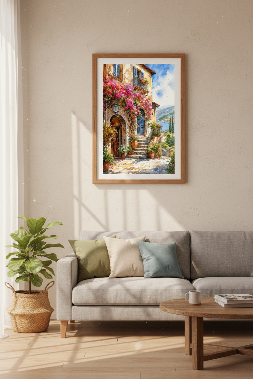 Italian Villa Watercolor Print | Mediterranean Coastal Scene | Romantic Travel Poster
