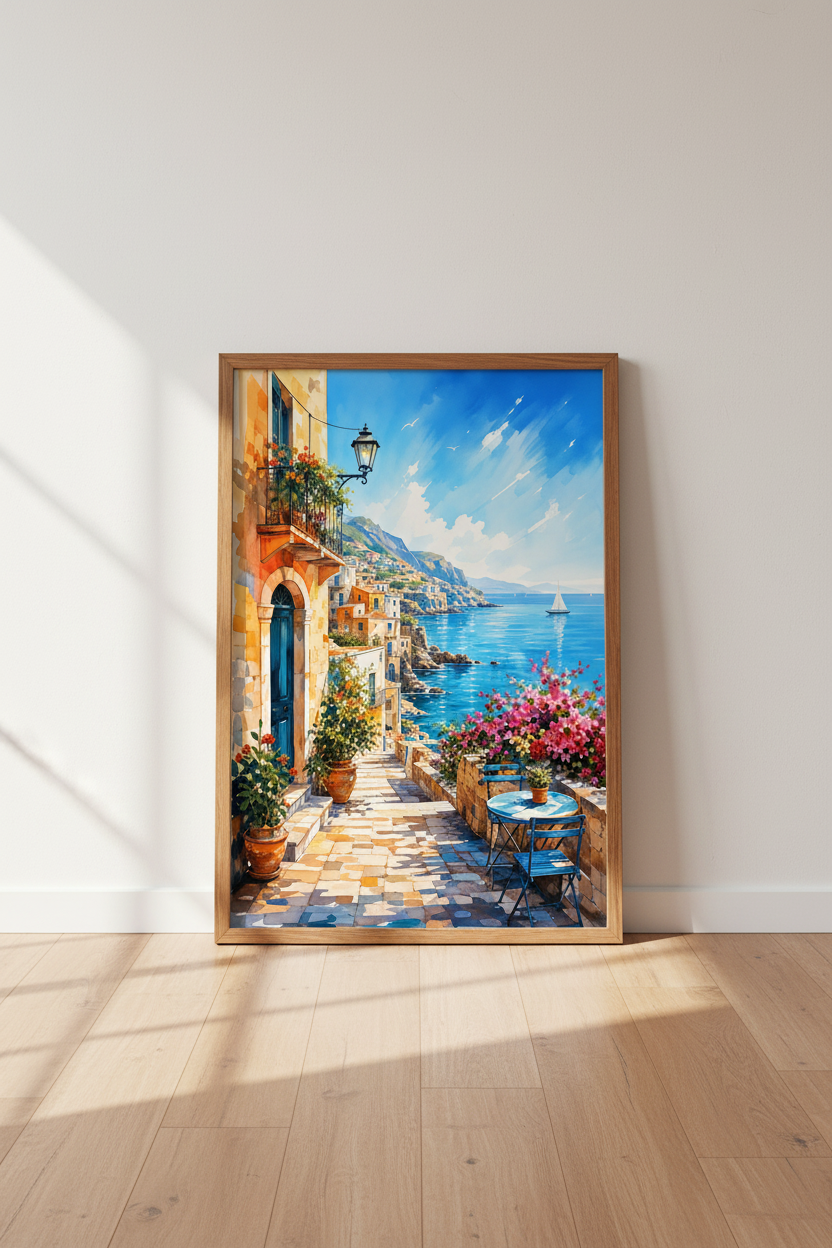 Mediterranean Coastal Village Watercolor | Blue Ocean Wall Art Print | Travel Decor