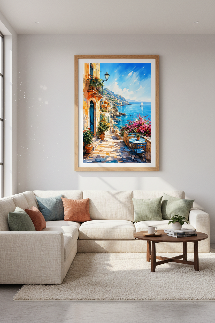 Mediterranean Coastal Village Watercolor | Blue Ocean Wall Art Print | Travel Decor