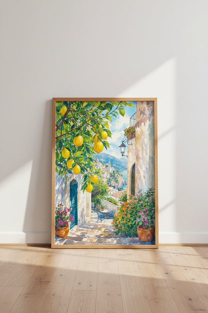 Amalfi Lemon Tree Watercolor | Mediterranean Coastal View, Italian Summer Decor