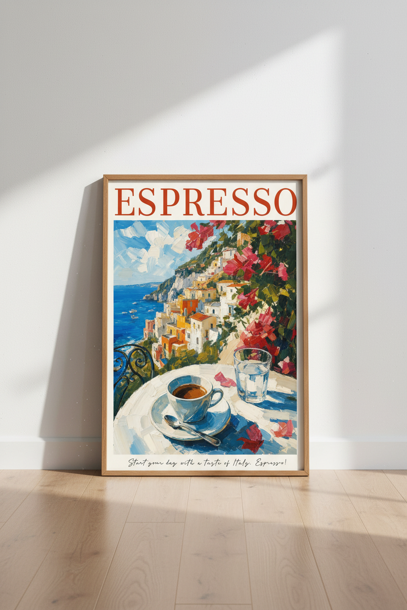 Amalfi Coast Espresso Wall Art | Italy Travel Poster | Mediterranean Kitchen Decor