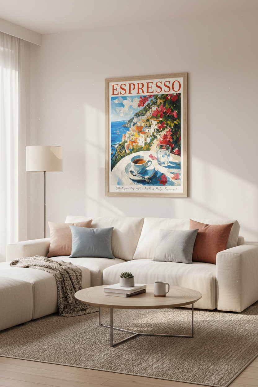 Amalfi Coast Espresso Wall Art | Italy Travel Poster | Mediterranean Kitchen Decor