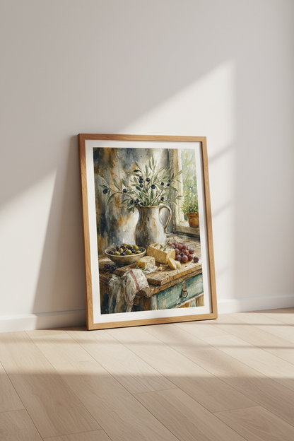 Olive Branch &amp; Cheese Watercolor Print | Rustic Kitchen Wall Art | Mediterranean Poster