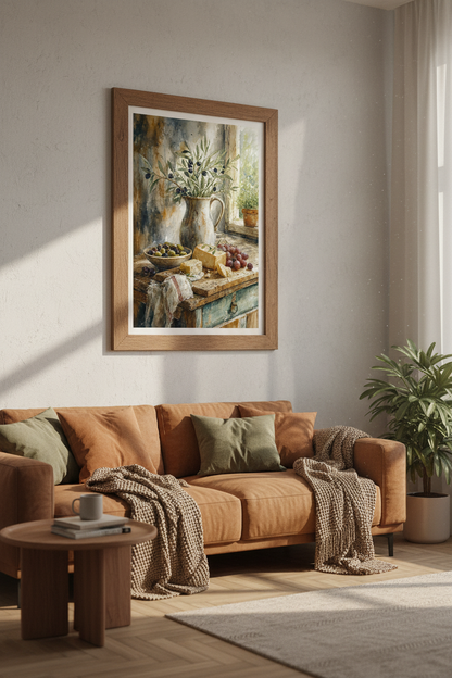 Olive Branch &amp; Cheese Watercolor Print | Rustic Kitchen Wall Art | Mediterranean Poster