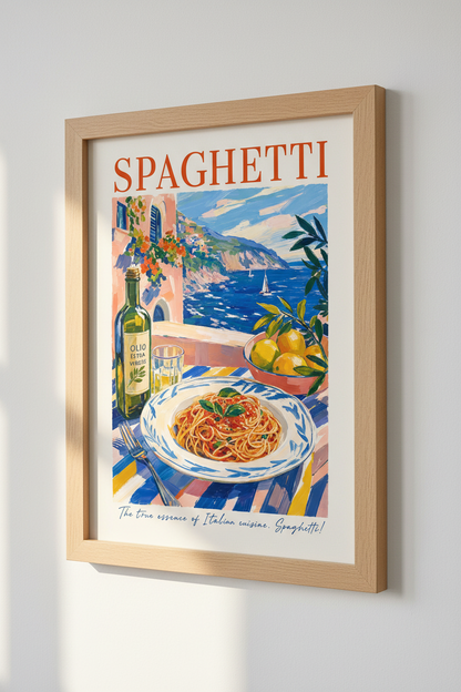 Italian Spaghetti Wall Art Print | Amalfi Coast Kitchen Decor | Mediterranean Poster