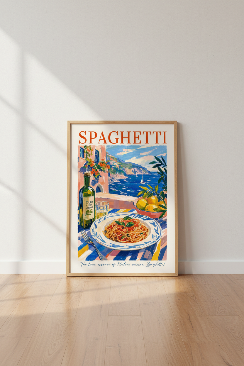 Italian Spaghetti Wall Art Print | Amalfi Coast Kitchen Decor | Mediterranean Poster