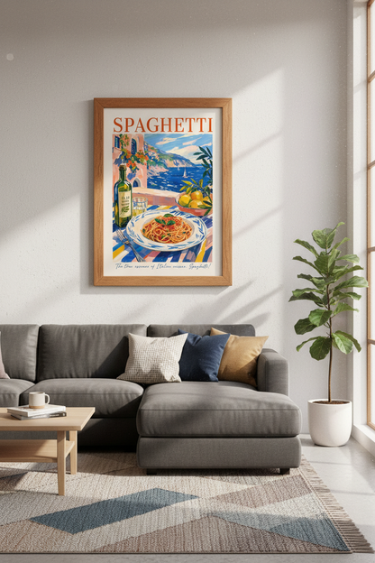 Italian Spaghetti Wall Art Print | Amalfi Coast Kitchen Decor | Mediterranean Poster