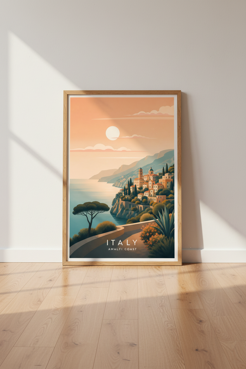 Amalfi Coast Italy | Minimalist Mediterranean Travel Print, Modern Home Decor Poster