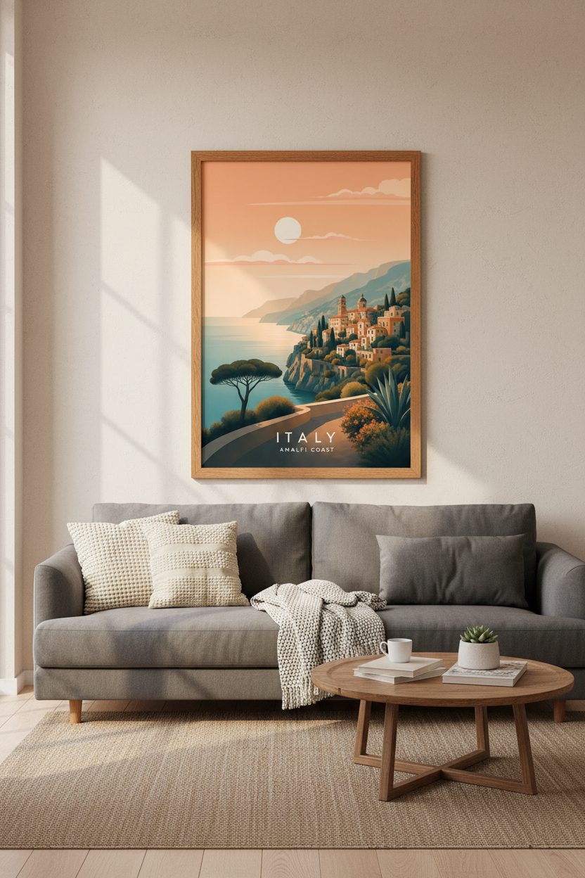 Amalfi Coast Italy | Minimalist Mediterranean Travel Print, Modern Home Decor Poster