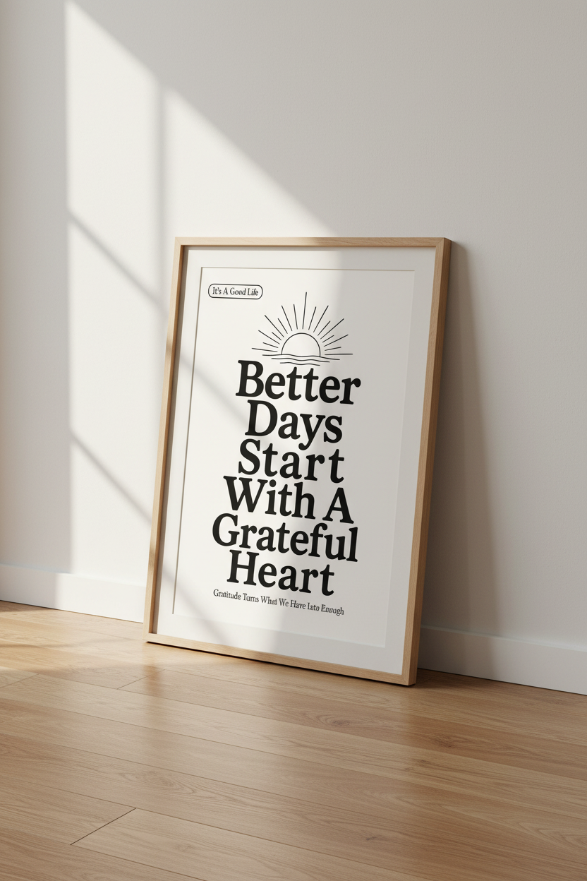 Grateful Heart Quote Wall Art | Minimalist Black &amp; White Print, Home Office Decor