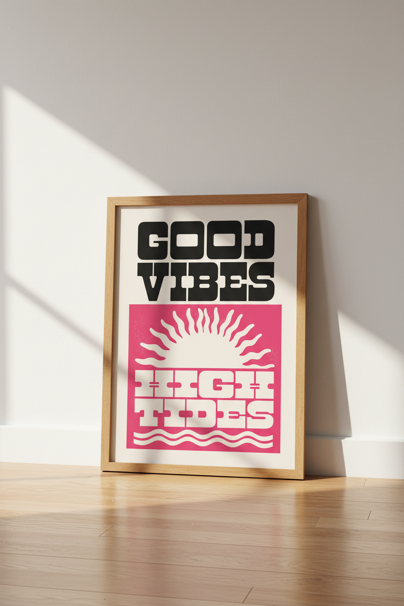Good Vibes High Tides Wall Art | Retro Pink Beach Poster, Coastal Dorm Decor