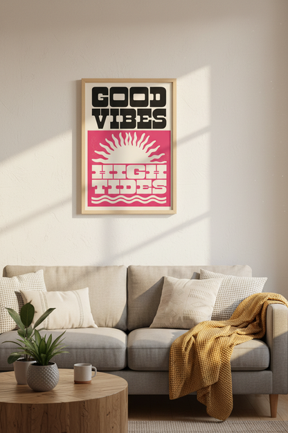 Good Vibes High Tides Wall Art | Retro Pink Beach Poster, Coastal Dorm Decor