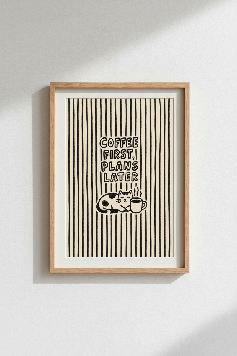 coffee wall art | Minimal Line Cat Wall Art Print | Living Room Decor | Cozy Poster