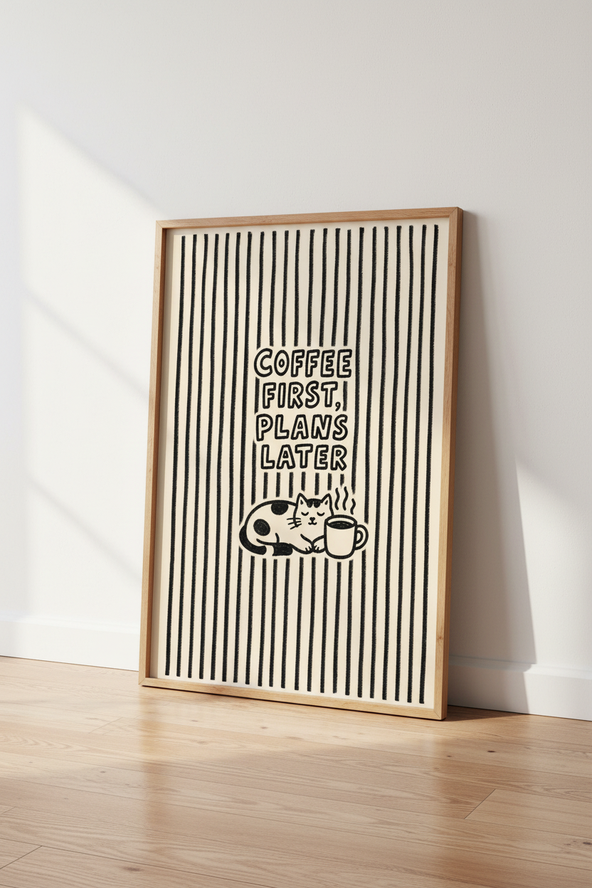 coffee wall art | Minimal Line Cat Wall Art Print | Living Room Decor | Cozy Poster