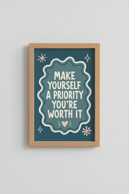 Self Care Quote Wall Art Print | Teal Neutral Room Decor | Retro Aesthetic Poster