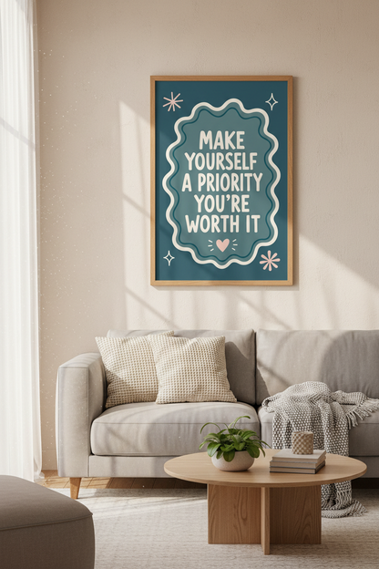 Self Care Quote Wall Art Print | Teal Neutral Room Decor | Retro Aesthetic Poster