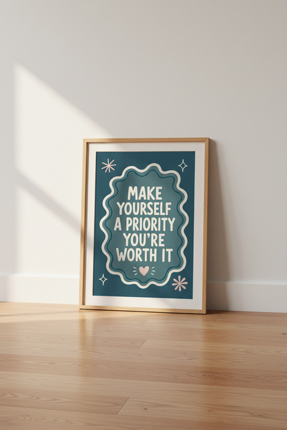 Self Care Quote Wall Art Print | Teal Neutral Room Decor | Retro Aesthetic Poster