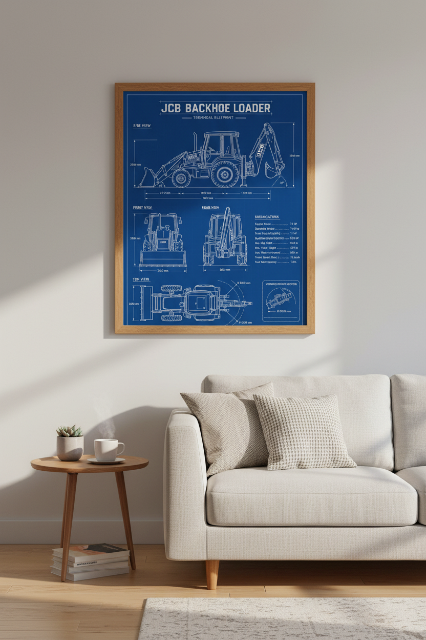JCB Backhoe Loader Blueprint Wall Art | Office Decor | Engineering Poster