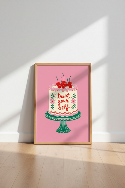 Treat Your Self Cake Wall Art Print | Pink Kitchen Decor | Retro Cherry Poster