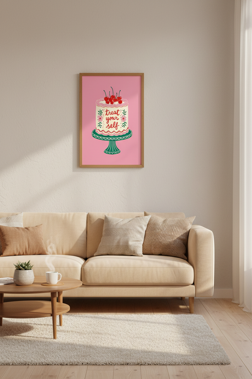 Treat Your Self Cake Wall Art Print | Pink Kitchen Decor | Retro Cherry Poster