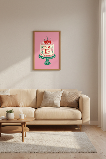 Treat Your Self Cake Wall Art Print | Pink Kitchen Decor | Retro Cherry Poster