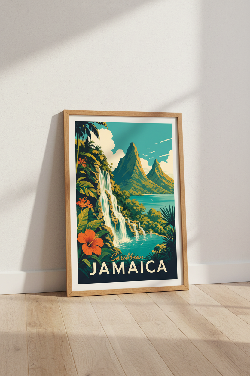 Jamaica Vintage Travel Poster | Tropical Waterfall Wall Art | Caribbean Decor