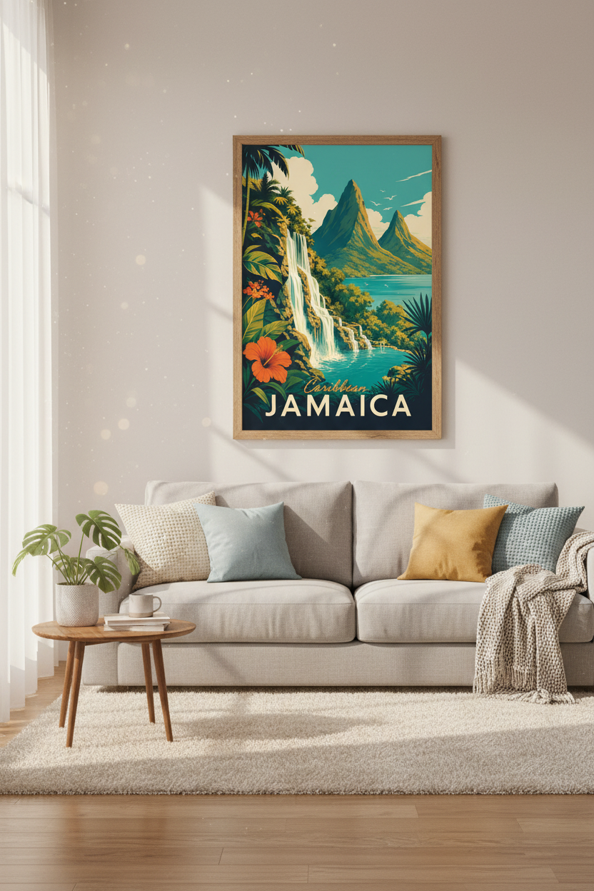 Jamaica Vintage Travel Poster | Tropical Waterfall Wall Art | Caribbean Decor