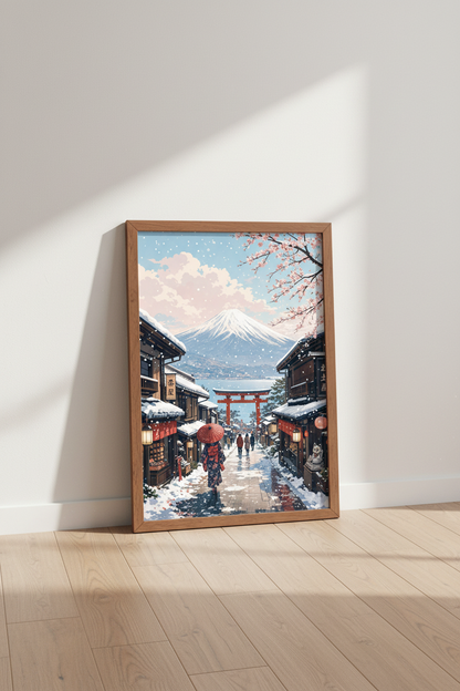 Mount Fuji Winter Village Art | Japanese Landscape Print, Zen Home Office Decor