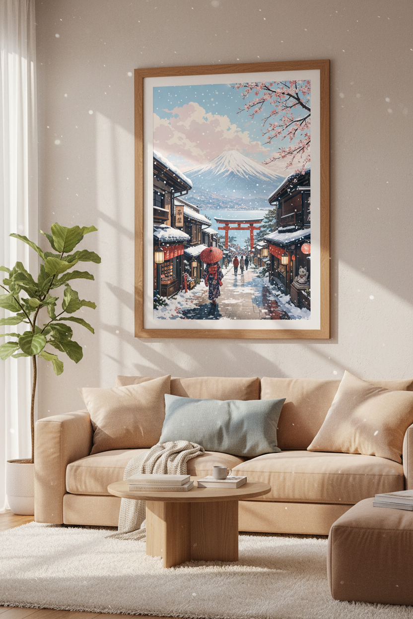 Mount Fuji Winter Village Art | Japanese Landscape Print, Zen Home Office Decor