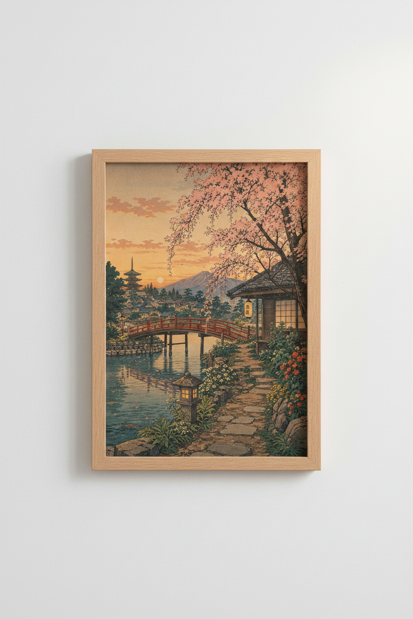 Ukiyo-e wall art | Sunset peach tones, tranquil garden scene | Living Room Decor