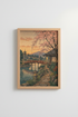 Ukiyo-e wall art | Sunset peach tones, tranquil garden scene | Living Room Decor