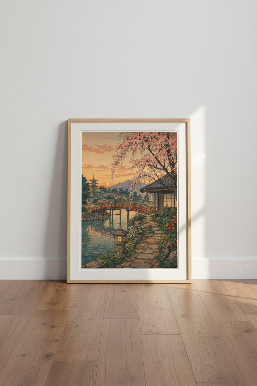 Ukiyo-e wall art | Sunset peach tones, tranquil garden scene | Living Room Decor