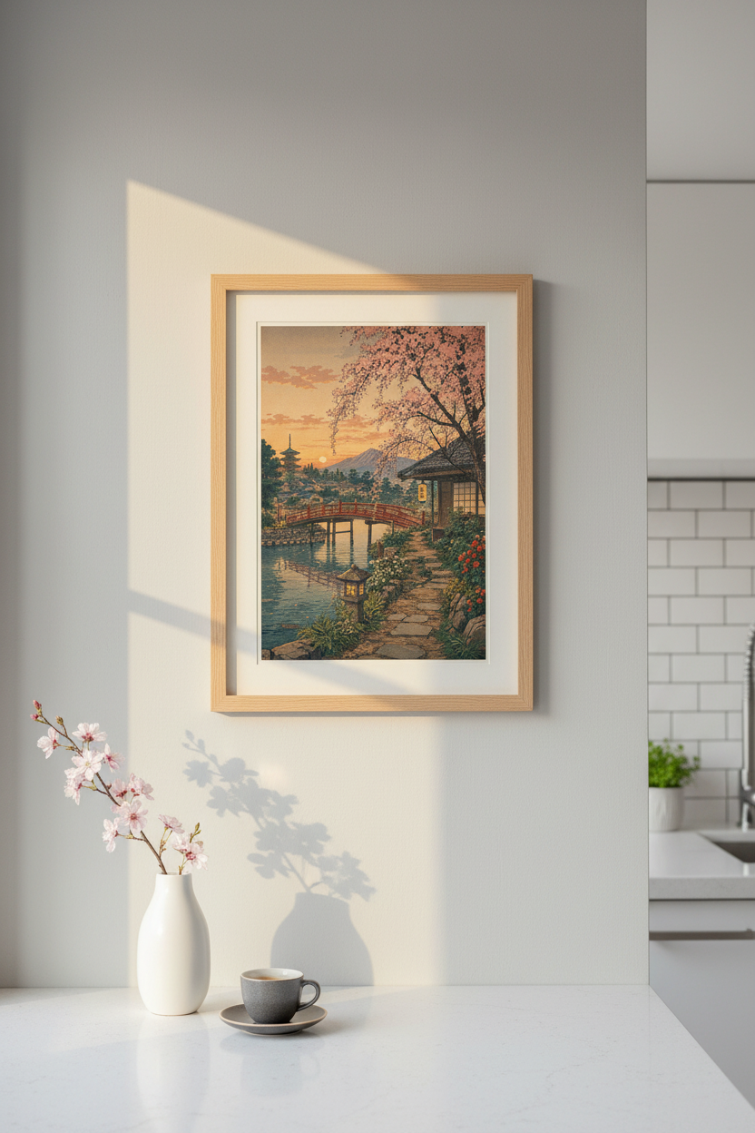 Ukiyo-e wall art | Sunset peach tones, tranquil garden scene | Living Room Decor