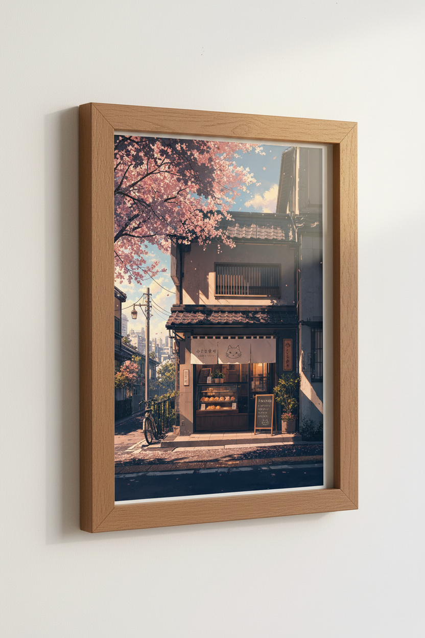 Japanese Street Cat Cafe Wall Art | Sakura Pink Decor | Aesthetic Anime Poster