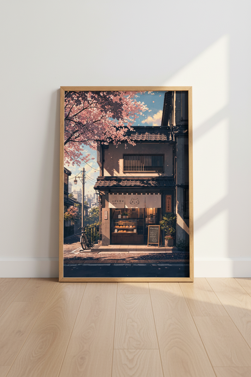 Japanese Street Cat Cafe Wall Art | Sakura Pink Decor | Aesthetic Anime Poster
