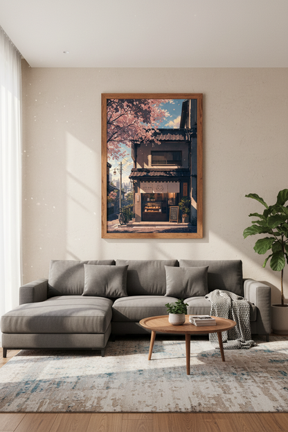 Japanese Street Cat Cafe Wall Art | Sakura Pink Decor | Aesthetic Anime Poster
