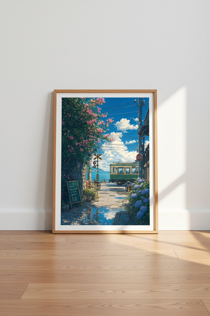 Japanese Anime Train Wall Art | Seaside Landscape Decor | Ghibli Aesthetic Poster