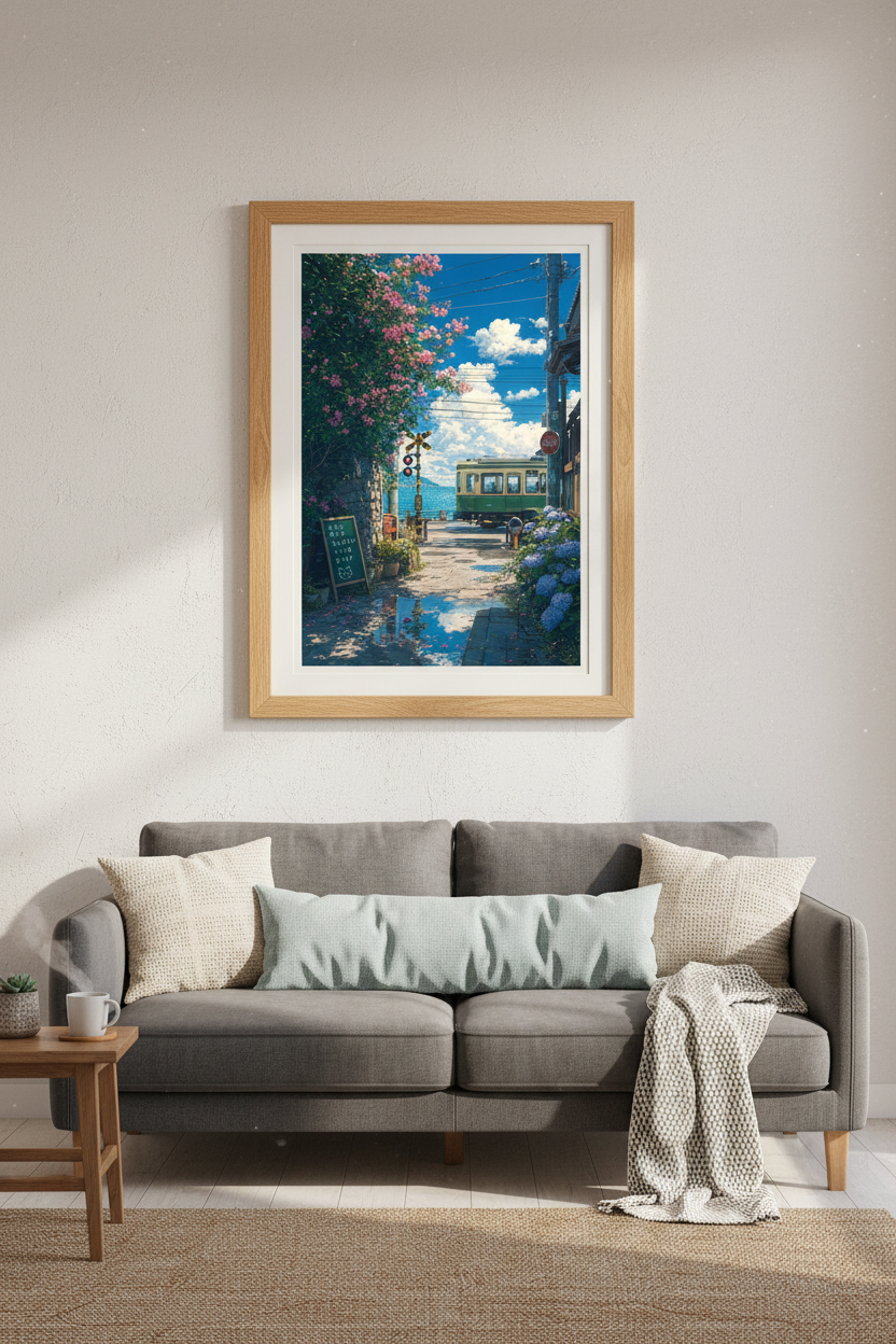 Japanese Anime Train Wall Art | Seaside Landscape Decor | Ghibli Aesthetic Poster