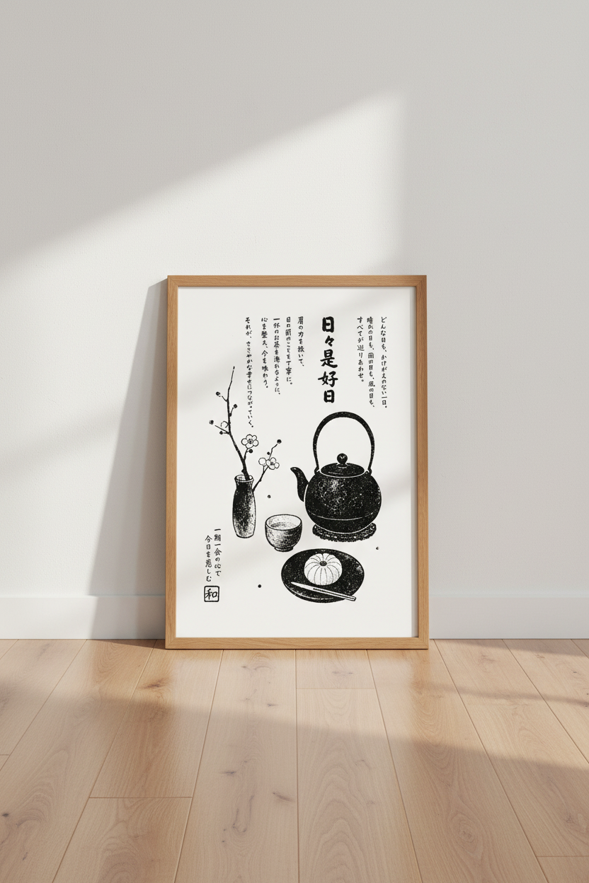 Japanese Zen Tea Ceremony Wall Art | Minimalist Black &amp; White Print, Japandi Home Decor